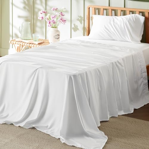 Bedsure Twin Sheets Set - Soft Twin Bed Sheets, 3 Pieces Hotel Luxury White Sheets Twin, Easy Care Polyester Microfiber Cooling Bed Sheet Set