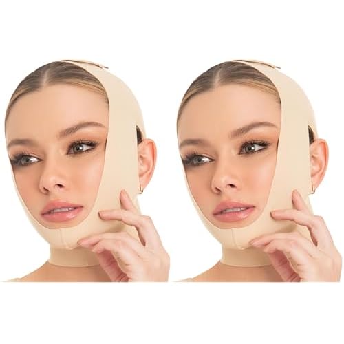 M&D Face Slimming Chin Strap Lipo Compression Garment Mentonera Postquir?rgica Facial Beige M (Pack of 2)