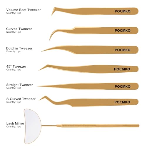 Lash Tweezers for Eyelash Extensions, Professional Eyelash Tweezer Set, Lash Extension Tweezer Kit (Set of 7, Gold)