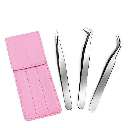 Quewel Eyelash Eyelash Extension Tweezers Set Eyelash Applicator Tool Curved and Straight pointed Tweezers Lash Extension Supplies Stainless Steel Precision Tweezers Silver (Mirrored,3 pcs)