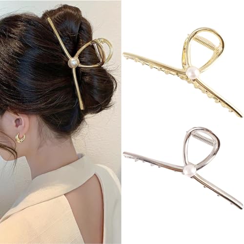 Large Pearls Shark Barrette Metal Hair Claws with Non-Slip Strong Hold for Women and Girls (Gold + Silver)