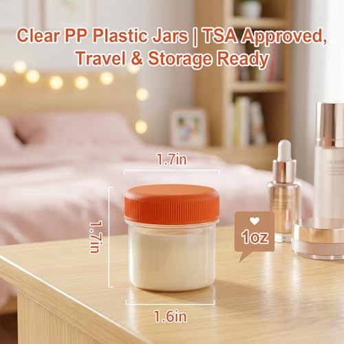 METAPACK 1 oz Clear Travel Jars with Orange Lid, Leakproof TSA Containers, Labels - 16 Pack