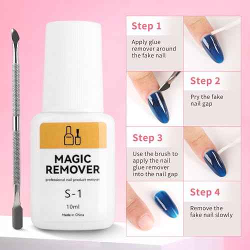 TADOPRO Nail Glue & Remover Set, 20Pcs Press on Nail Glue Strong 2Pcs 10ML Nail Glue Remover with 3 Cuticle Pusher 2 Nail File Easy to Apply Nail Tips & Acrylic Fake Nails Quick Drying Adhesive