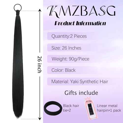 2 PCS Black Ponytail Extension with Hair Tie DIY Braided Ponytail Extension Warp Around Yaki Straight Sleek Hairpieces Light and Soft Fluffy Stayle Ponytail for Women Daily Party Use