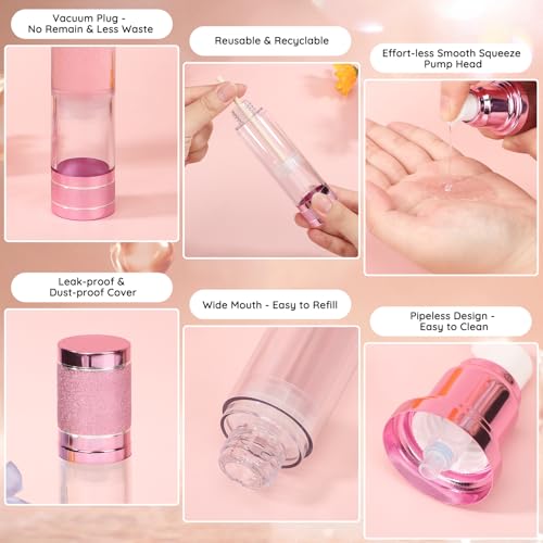 Pink Refillable Travel Lotion Bottles 3-Pack 1.7oz Airless Pump Dispenser