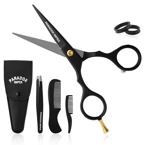 5¡± Beard and Mustache Scissors, German Stainless Steel Beard Scissors Come with 1 Tweezers, 1 Beard Comb, 1 Mustache Comb and Pouch, Hair Scissors for All Facial Hairs. (Black)