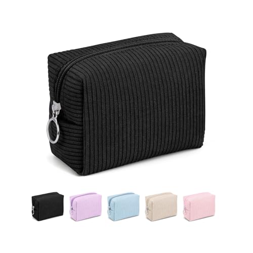 MAGEFY Corduroy Small Travel Makeup Bag - Black Portable Cosmetic Pouch