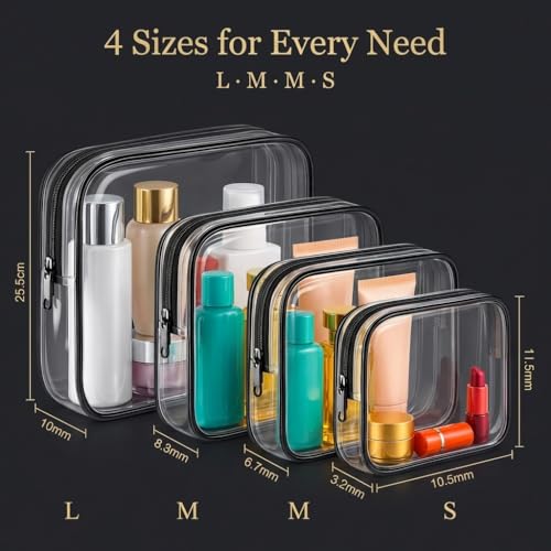 Clear Makeup Bag 4 Pack - TSA Approved Travel Toiletry Organizer