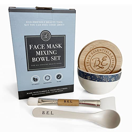 Bare Essentials Living - Clay Face Mask Mixing Bowl Set, Skin Care Kit Facial Bowls with Bamboo Lid, Face Mask Spoon, & Dual Sided Face Mask Brush Applicator for DIY Facials & Hair Mask (Blue Floral)