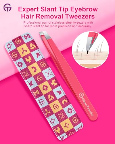 GlamTweeler Precision Slant Tip Eyebrow Tweezers with Leather Case - Hot Pink