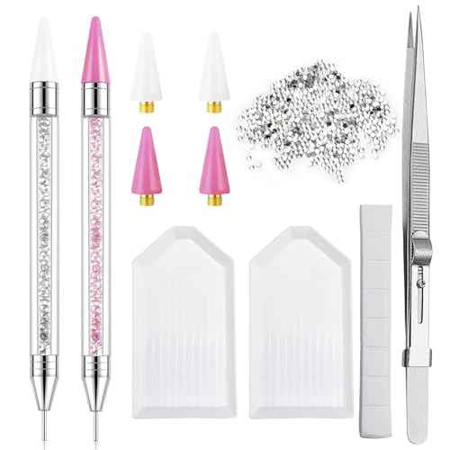 LIGHT RAIN Rhinestone Picker Tool - 2pcs Dual-head Bedazzling Pen with 4 Wax Tips, 8pcs Clay, Adjustable Precision Tweezers, 1400pcs Rhinestones and 2pcs Organizer Tray Kit for Nail Art