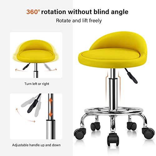 KKTONER PU Leather Round Rolling Stool with Foot Rest Height Adjustable Swivel Drafting Work SPA Task Chair with Wheels (Yellow)