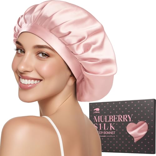 LitBear Pink 100% Mulberry Silk Bonnet for Sleeping, 22 Momme Silk Hair Wrap with Elastic Band