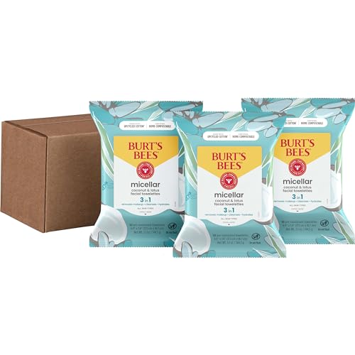 Burt's Bees Coconut & Lotus Face Wipes, for All Skin Types, Micellar Makeup Remover & Facial Cleansing Towelettes, 30 Ct. (3-Pack)