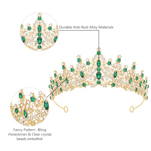 Gold Green Queen Crown Rhinestone Tiara for Women