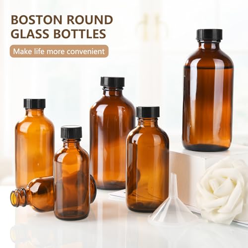 12 Pack 8 oz Amber Glass Boston Bottle With Black Poly Cap, Funnel, Chalk Labels, Pen, Dispensing Bottles for Homemade Vanilla Extract, Essential Oils, Herbal Medicine, Wedding Christmas Decor
