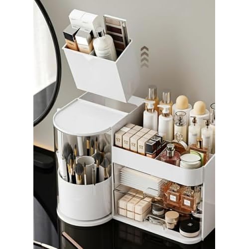 Makeup Organizer 14" D x 8.3" W x 9" H Cosmetic Organizer with Drawers Countertop Skincare Organizer for Vanity Cosmetic Display Case Storage Rotating Brush Holder (White)