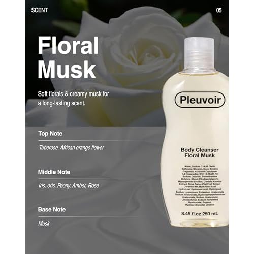 Pleuvoir Luxury Perfume Body Wash Floral Musk - French MANE Fragrance (Tuberose, Iris & Musk) -Rich Moisturizing Foam with 8 Types Hyaluronic Acid, Ceramides, Shower Gel for Dry Skin 8.45 fl.oz