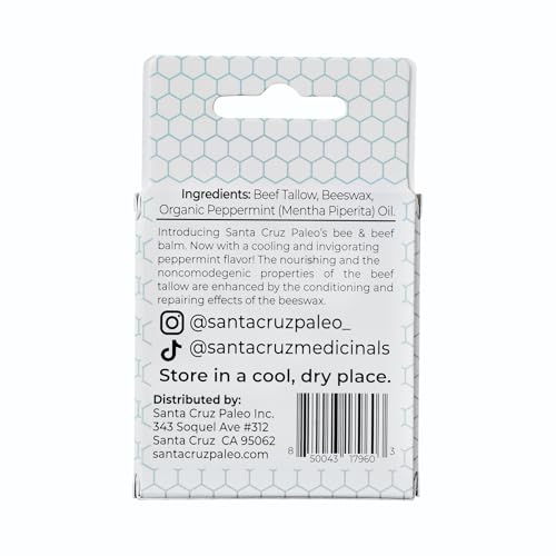 Santa Cruz Paleo Grass Fed Beef Tallow & Beeswax Peppermint Lip Balm, 1 Pack, Beef Tallow for Skin Care Moisturizer, Hypoallergenic for Sensitive Skin, Long Lasting & Vitamin Rich, Peppermint