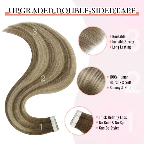 invisible tape in hair extensions human hair 16Inch Dark Brown Fading To Brown and Blonde 20pcs 50g Thick Ends
