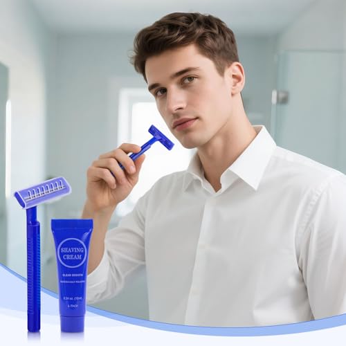 Disposable Razor Shaving Cream Set, Individually Wrapped Manual Twin Blade Shaving Razors in Bulk with Mini Smooth Shaving Cream Toiletries for Hotel Charity Camping Travel Homeless 0.34oz (10 Pack)