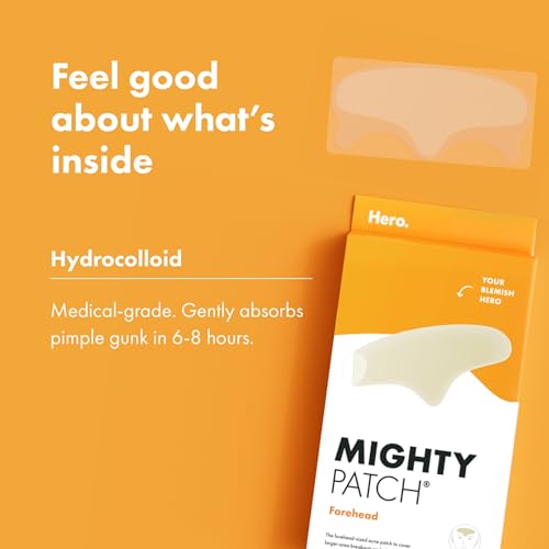 Hero Cosmetics Mighty Patch¢â Forehead Patch - Hydrocolloid Acne Pimple Patch, Contoured to Cover Larger Area of Zits and Blemishes - Drug-Free and Suitable for Sensitive Skin (5 Count)