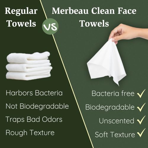 Clean Facial Towels for Sensitive Skin, 100% USDA Biobased Face Towels, 50 Count, Ultra Soft, Makeup Remover Dry Wipes, Cotton