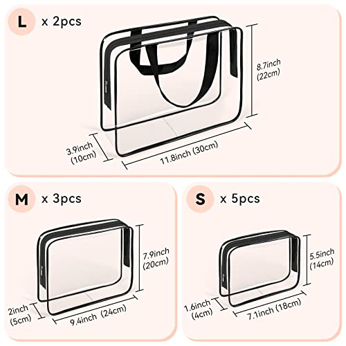 TISRATOK 10 PCS Clear Travel Makeup Toiletry Bag, Plastic PVC Cosmetic TSA Approved Organizer Kit with Zipper Handbag£¨Black£©