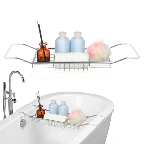 Expandable Stainless Steel Bathtub Caddy Tray with Non-Slip Grips