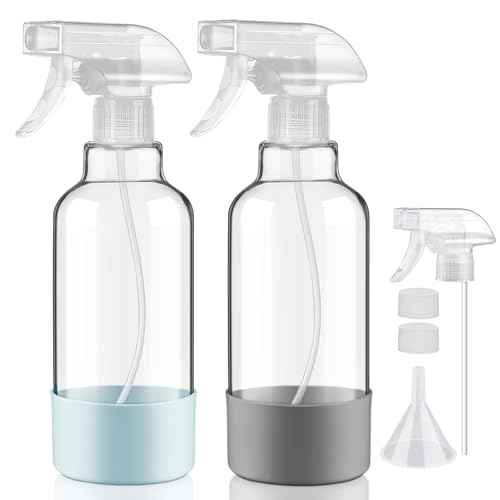 Glass Spray Bottles with Silicone Sleeve 16.9oz 2 Pack Empty Spray Bottle for Hair Mist/Stream Spraying for Cleaning Solutions, Plants, Essential Oils (clear-qblue&grey)