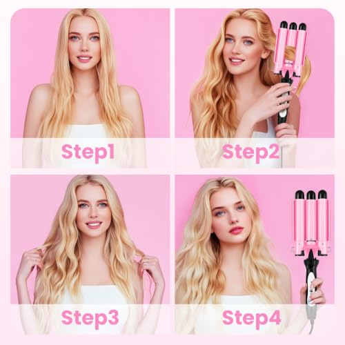 3 Barrel Ceramic Curling Iron for Natural Waves - Dual Voltage, 2 Temp Settings