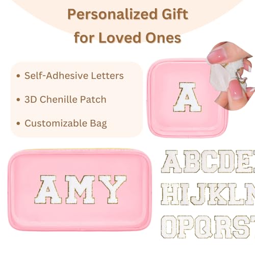 2PCS Personalized Makeup Preppy Bag Set, 2PCS Toiletry Bag & 26 Chenille Letters, Clear Makeup Pouch, Birthday Gifts for Girls (Pink)