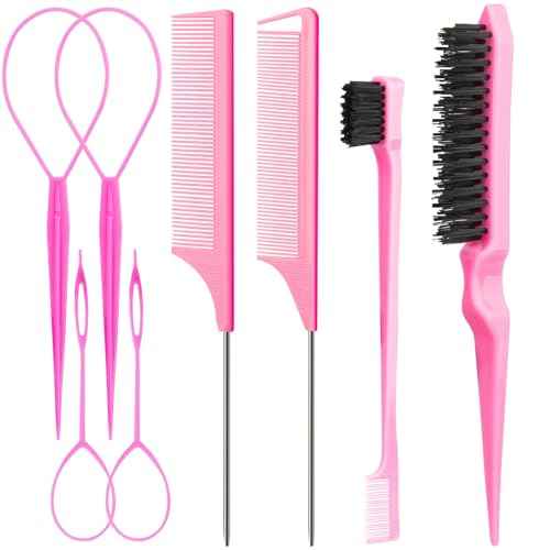 Aigee 8Pcs Hair Styling Combs Set Include 4Pcs Topsy Hair Tail Tools 2 Styles of Rat Tail Comb,1Pcs Bristle Teasing Slick Back hair Brush,1Pcs Edge Control Brush,Eyebrow Brush for Woman Girl Pink