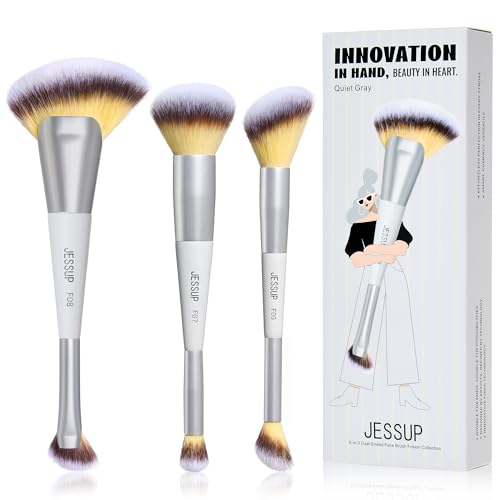 Jessup Face Makeup Brush Set 3pcs Double Sided Makeup Brushes for Foundation Contour Blush Highlight Concealer, Cruelty Free Cosmetic Tools Quiet Gray T521