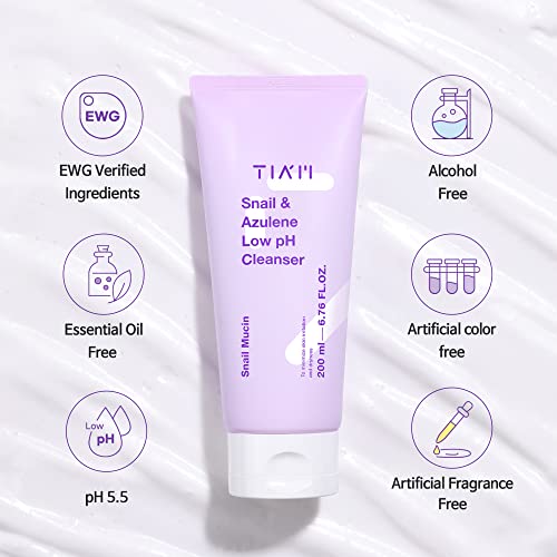 TIA'M TIAM Snail&Azulene Low pH Cleanser, Gel Facial Cleanser, Snail Secretion Filtrate, pH Balancing, Anti Acne, Breakouts Treatment, Sensitive Skin, 6.76 Fl.Oz