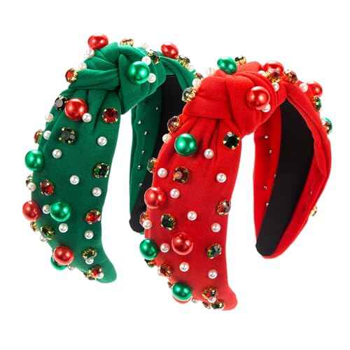 Christmas Headband for Women,Pearl Rhinestone Crystal Jeweled Hairband, Christmas,New Year's Day,Valentine Day,Mother's Day Knot Hair Hoops,Festive Pearl Hair Accessory(Red+Green)