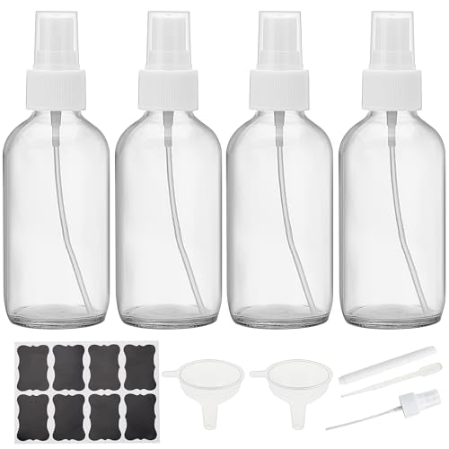 Clear Glass Spray Bottles 4 oz, Small Empty Spray Bottles for Essential Oils, Fine Mist for Face, Hair, Plants, Travel, Perfumes, Cleaning Solutions - 4 Pack