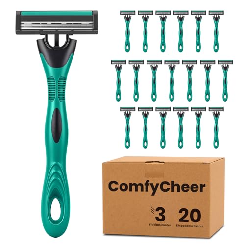 20 count Disposable Razors for Men,3-Blade Razors,Bulk Stainless Steel Shavers with Lubricating Strip for Shaving Sensitive Skin