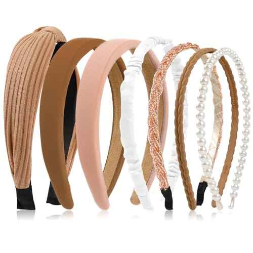 7 Pcs Headbands for Women Non Slip Headband Brown Knotted Headband for Women Pearl Headbands Different Fashion Headbands Hair Accessories