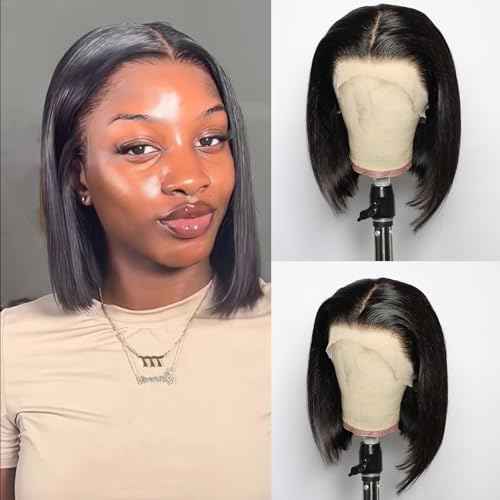 13x4 Bob Wig Human Hair Natural Color Straight Lace Front Wigs Glueless 180 Density Pre Plucked with Baby Hair Brazilian Remy Short Hair Transparent Lace Frontal Wigs for Black Women