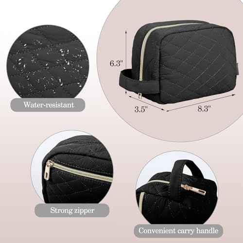 MAXTOP Black Quilted Makeup Bag Small Makeup Pouch for Women Travel Essentials Waterproof Travel Bag for Cosmetics Toiletries Accessories£¨Black£©