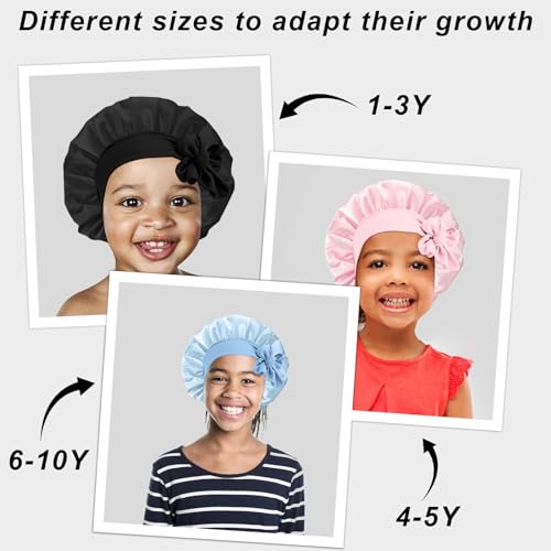 Kids Satin Sleep Bonnet 3-Pack - Pink, Black, Light Blue