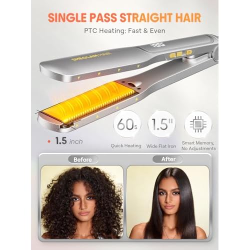 SHEGLAM Wide Flat Iron Hair Straightener 1.5 inch Sleek Chic Wide Glide, 10 Million Negative Ion, 60s Quick Heating