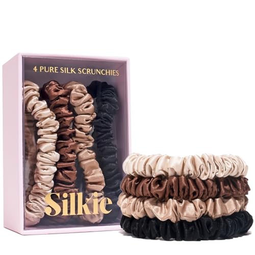 Silkie x4 Set - Chocolate Mulberry Silk Skinny Scrunchies & Travel Pouch - Gentle Hair Ties