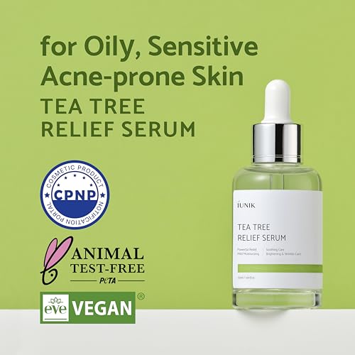 IUNIK Tea Tree Relief Vegan Serum for Acne-Prone Skin - Non-Sticky & Lightweight Facial Ampoule with Centella Asiatica for Soothing, Calming, and Balancing - Korean Skincare