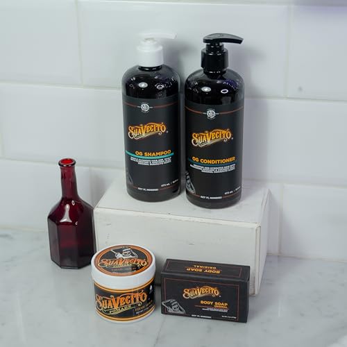 Suavecito Hair & Body Essentials 4 Piece Set - Includes Styling Pomade, Moisturizing Body Soap Bar, Hydrating Shampoo & Nourishing Conditioner