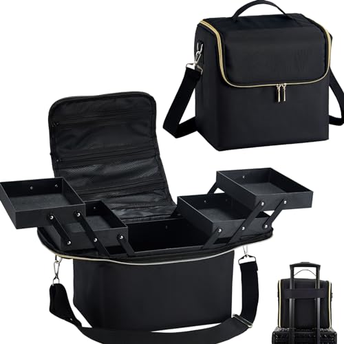 Large 4-Tier Makeup Train Case with Shoulder Strap & Luggage Sleeve