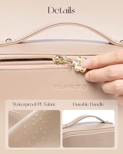 VLANDO Toffee Travel Makeup Bag with 180° Opening, Women Toiletry Case