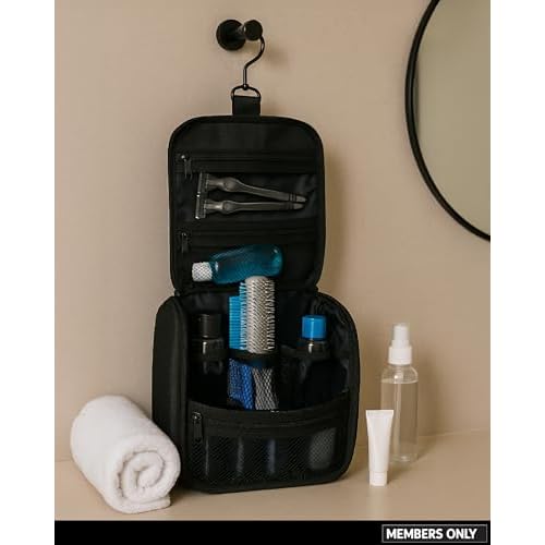 Members Only Hanging Toiletry Bag with Rotating Hook, Black Toiletry Organizer, Bathroom Bag