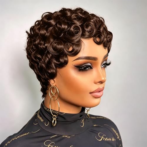 Short Curly Pixie Cut Human Hair Wig #4 Chocolate